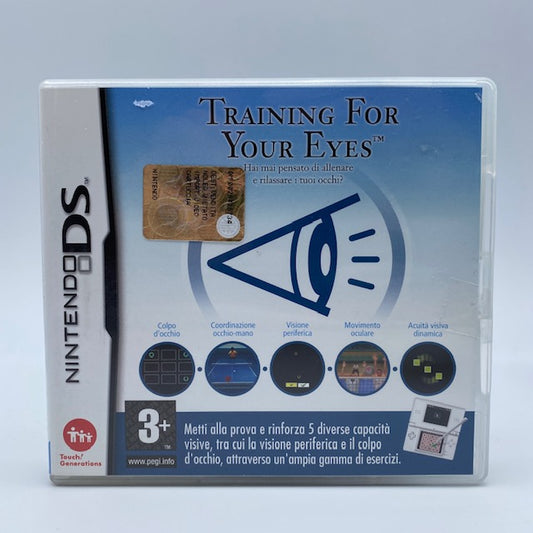 Occhio blu stilizzato su sfondo bianco che sfuma in azzurro ed esempi di minigiochi