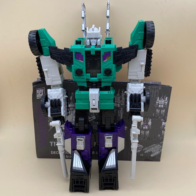 transformers generations, titans return, decepticon , six shot & revolver, robot 6 trasformazioni, viola,verde, bianco e nero