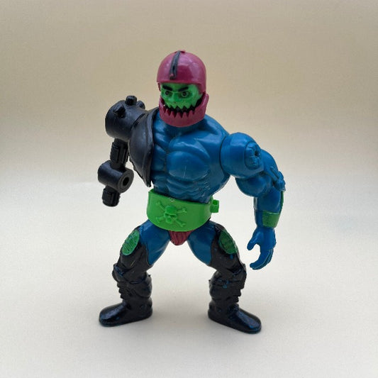 Trap-Jaw Masters of the Universe MOTU Mattel Made in France 1981 ,persoanggio con braccio meccanico, blu, verde e nero con elmo viola