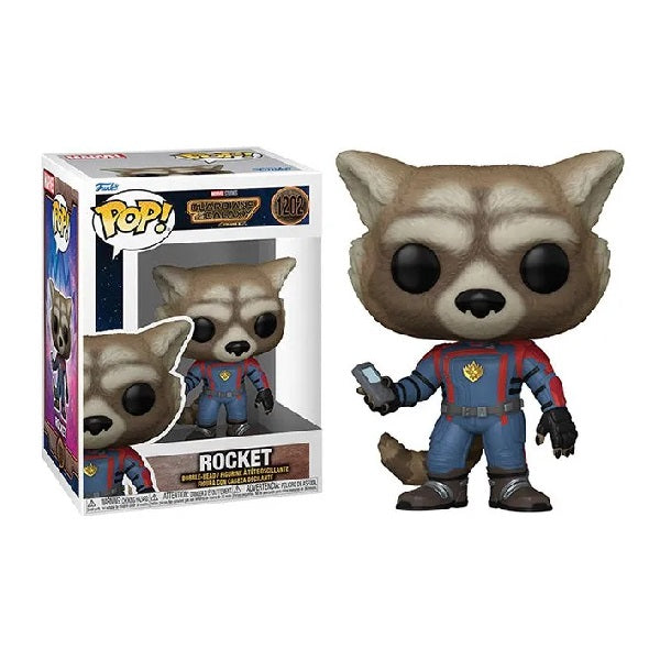 Confezione originale Funko con loghi Guardians Of The Galaxy Vol.3 Rocket colori marrone blu rosso