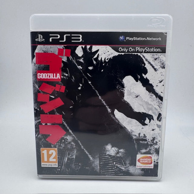 godzilla ps3 pal ita , godzilla distrugge edifici bianco e nero, simboli giapponesi in rosso 