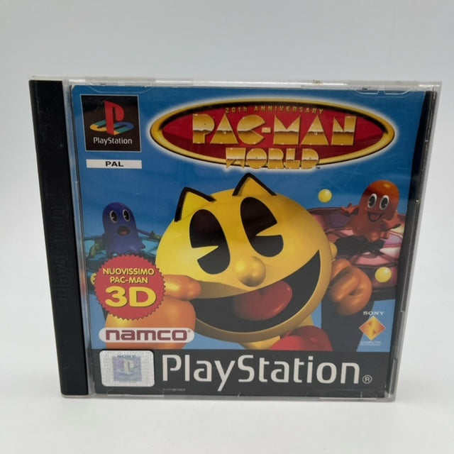 pac-man world ps1 , pacman con braccia e gambe in primo piano, fantasmini dietro con sfondo blu