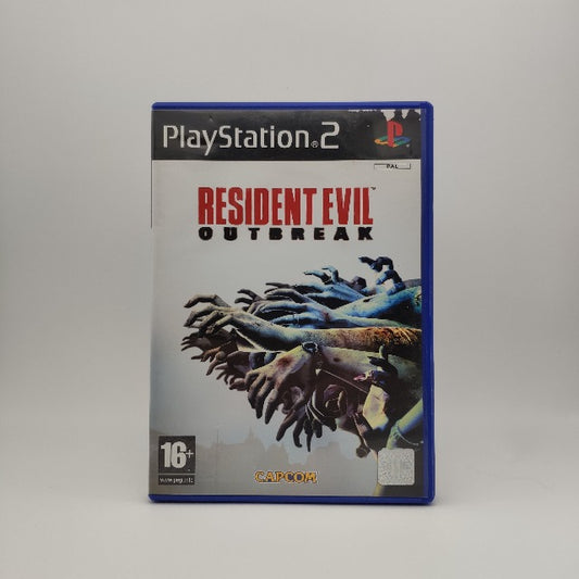Resident Evil Outbreak PAL UK PS2, mani zombie che cercano di afferrare qualcosa su sfondo bianco