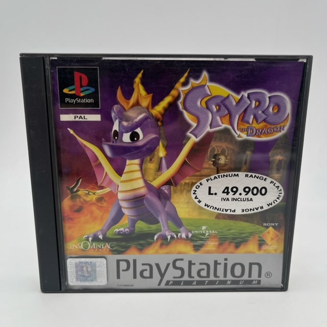 spyro the dragon ps1, drago viola, fuoco sotto, nemici e rovina su sfondo