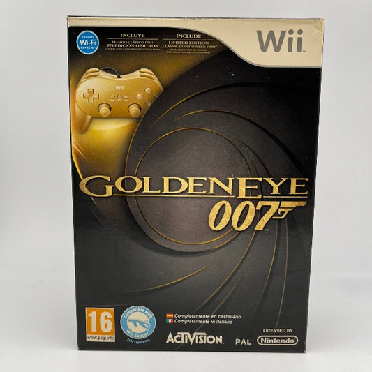 007 Goldeneye Con Classic Controller Pro Nintendo Wii PAL ITA/SPA, scritta dorata, immagine controller dorato in copertina