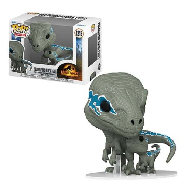 Confezione originale Funko con loghi Jurassic World Dominion Velociraptors (Blue & Beta) colori grigio azzurro nero