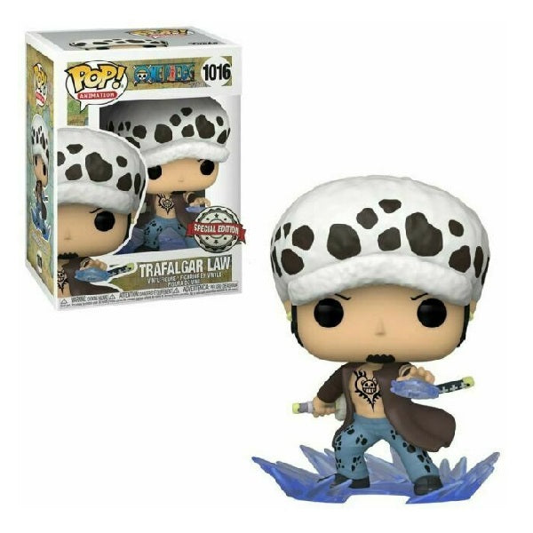 Confezione originale Funko con loghi One Piece Trafalgar Law colori bianco nero azzurro