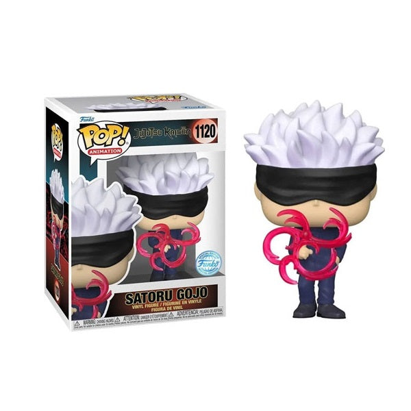 Confezione originale Funko con loghi Jujutsu Kaisen Satoru Gojo Special Edition colori bianco nero fucsia