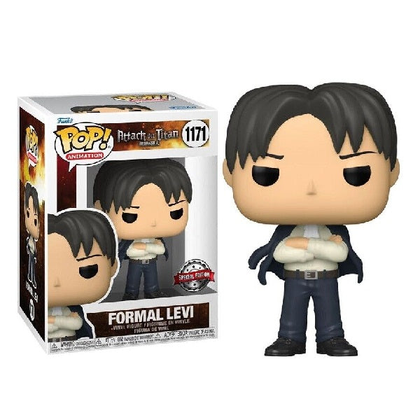 Confezione originale Funko con loghi Attack On Titan Formal Levi colori nero bianco blu