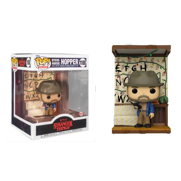 Confezione originale Funko con loghi Stranger Things Byers House Hopper colori marrone bianco blu