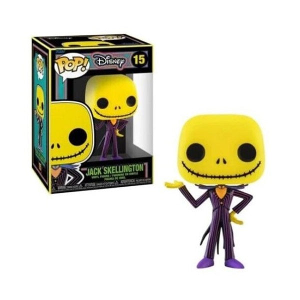 Confezione originale Funko con loghi Disney Jack Skellington Black Light Glow colori giallo nero viola