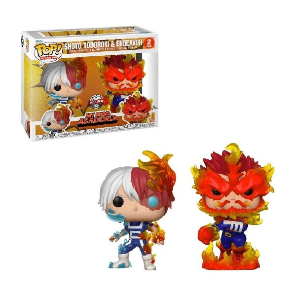 Confezione originale Funko con loghi My Hero Academia Shoto Todoroki & Endeavor colori bianco rosso giallo arancione