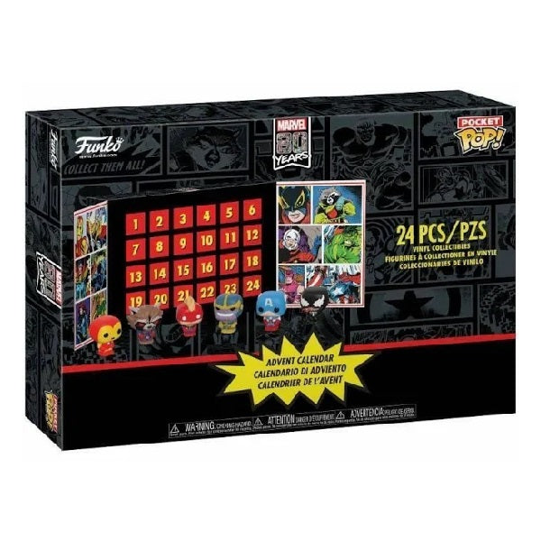 Confezione originale Funko con loghi 24 Piece Advent Calendar Marvel 80 Years colori nero rosso giallo