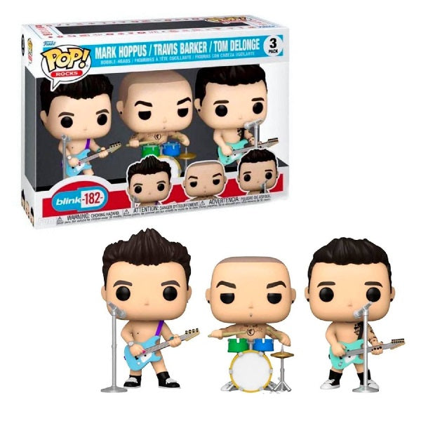 Confezione originale Funko con loghi Rocks 3 Pack Blink 182 Mark Hoppus Travis Barker Tom Delonge colori giallo verde azzurro