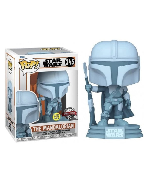 Confezione originale Funko con loghi Star Wars The Mandalorian Glows In The Dark colori azzurro blu bianco