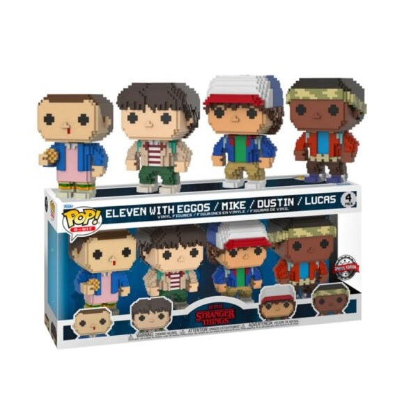 Confezione originale Funko con loghi Stranger Things 8-Bit Eleven With Eggos Mike Dustin Lucas colori blu rosso nero bianco