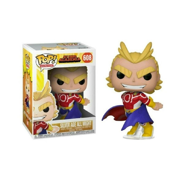 Confezione originale Funko con loghi My Hero Academia Silver Age All Might colori giallo rosso blu