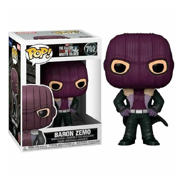 Confezione originale Funko con loghi The Falcon and Winter Soldier Baron Zemo colori viola nero grigio