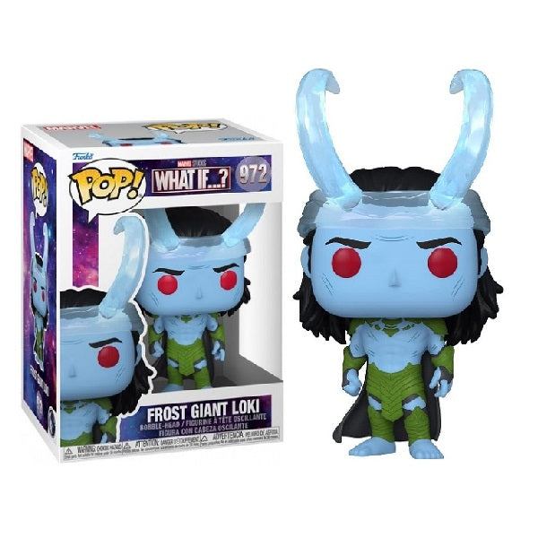 Confezione originale Funko con loghi Marvel Studios What If Frost Giant Loki colori azzurro verde rosso nero