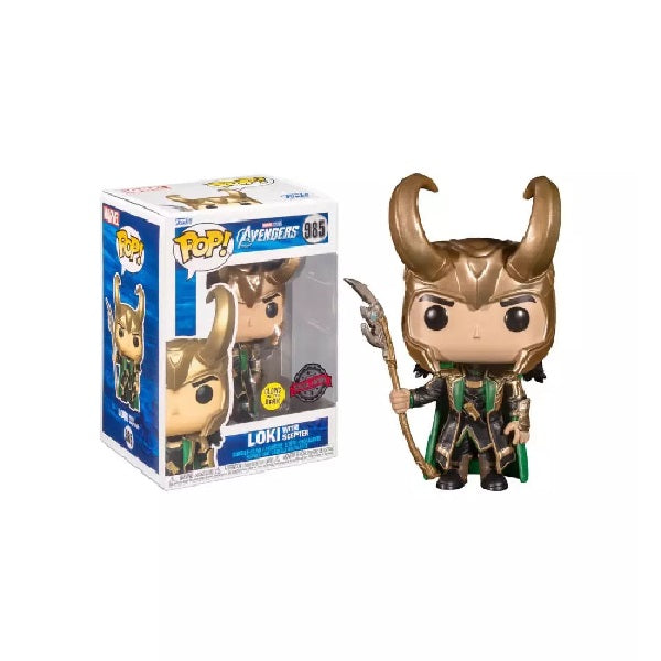 Confezione originale Funko con loghi Marvel Studios Avengers Loki With Scepter Glows In The Dark colori oro verde nero