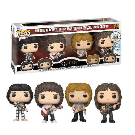 Confezione originale Funko con loghi Rocks 4 Pack Queen Freddie Mercury Brian May Roger Taylor John Deacon colori bianco nero marrone