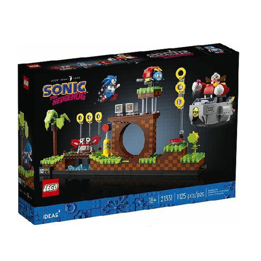 confezione lego ideas con logo ufficiale sonic the hedgehog con eggman e scenario. Colore blu, marrone e verde con sfondo nero