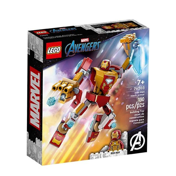 Confezione ufficiale lego con logo marvel avengers e iron manc mech armor armatura, colore rosso e oro