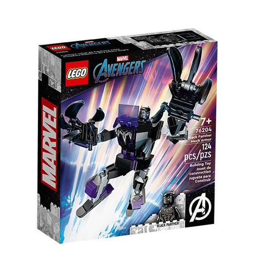 Confezione ufficiale lego con logo marvel avengers super heroes, black panther mech armor, colore nero e viola