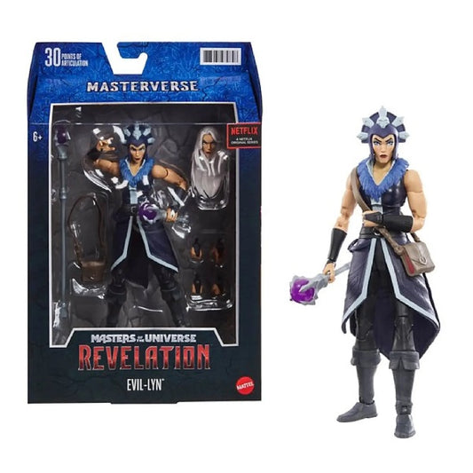 Confezione originale Mattel con loghi Masterverse Masters Of The Universe Revelation Evil Lyn colori viola blu nero