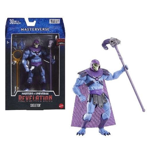 Confezione originale Mattel con loghi Masterverse Master Of The Universe Revelation Skeletor colori viola azzurro nero