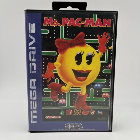Ms. Pac-Man Sega Mega Drive Pal Multi, ms. pac-man in copertina con livello di gioco con fantasmini in sfondo