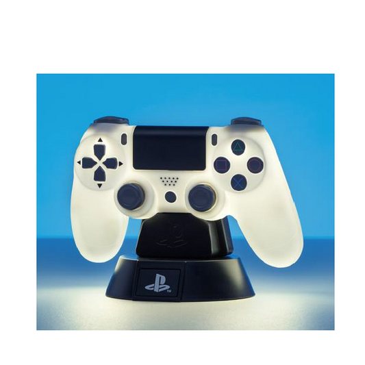 Mini lampada Paladone a forma di controller PlayStation 4 bianco, con logo ufficiale sulla base.