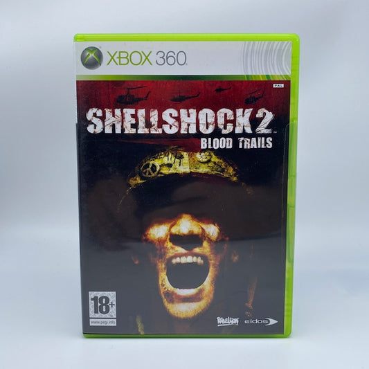 Shellshock 2 Blood Trails X360 XBOX 360 Rebellion Eidos PAL-ITA, copertina con soldato che grida, sfondo nero e rosso, scritta bianca