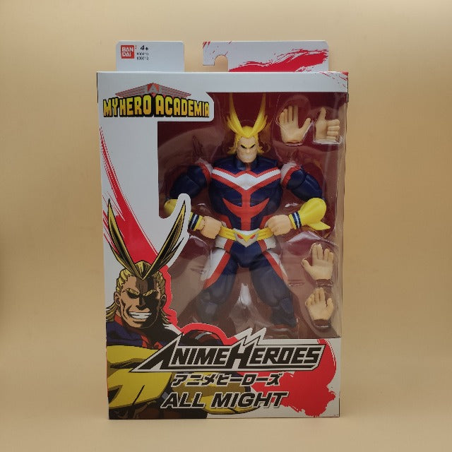 Action figure All Might,costume blu rosso e bianco, scatola bianca e rossa