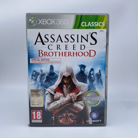 Assassin's Creed Brotherhood Classics X360 Xbox 360 Ubisoft Pal Ita, ezio auditore in copertina con personaggi  blue bianchi in sottofondo
