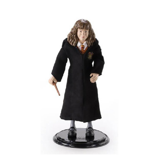 Statuina di Hermione Granger, personaggio saga film Harry Potter, serie Bendyfigs di The Noble Collection. Abito nero scolastico con bacchetta.