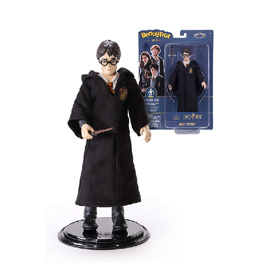 Statuina di Harry Potter, personaggio saga film omonima, serie Bendyfigs di The Noble Collection. Abito nero scolastico con bacchetta.