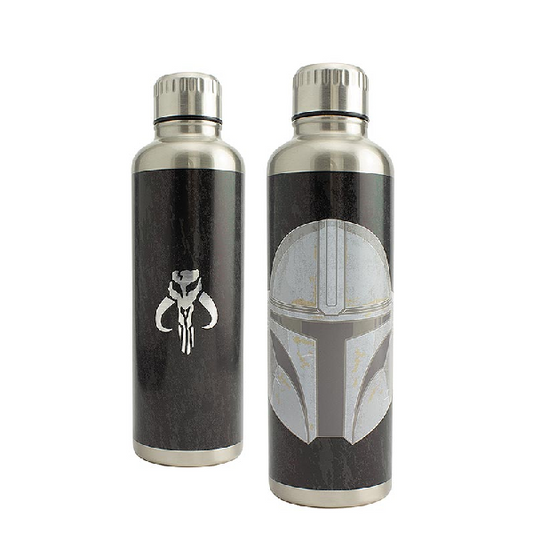 Borraccia in metallo con grafica Star Wars serie The Mandalorian, sfondo nero e stampa argento