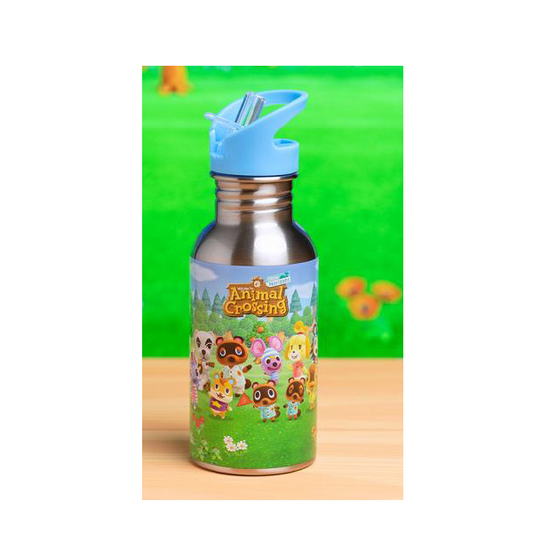 Bottiglia in metallo con tappo azzurro e grafica Animal Crossing multicolore