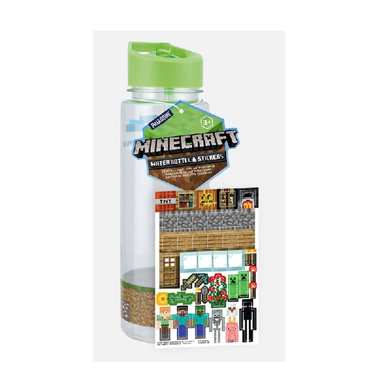 bottiglia trasparente con stikers Minecraft da applicare. Tappo verde-