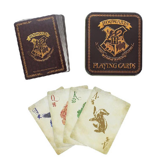 Carte da gioco poker a tema harry potter con retro marrone e loghi ufficiali oro.