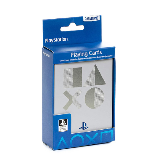 Confezione di carte da gioco a tema playstation 5. Scatola blu, contenitore in metallo grigio.