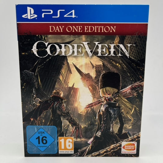 Code Vein Day One Edition PS4 Playstation 4 Pal Multi , soulslike, personaggi stile anime con armi in copertina, città in rovina di sfondo