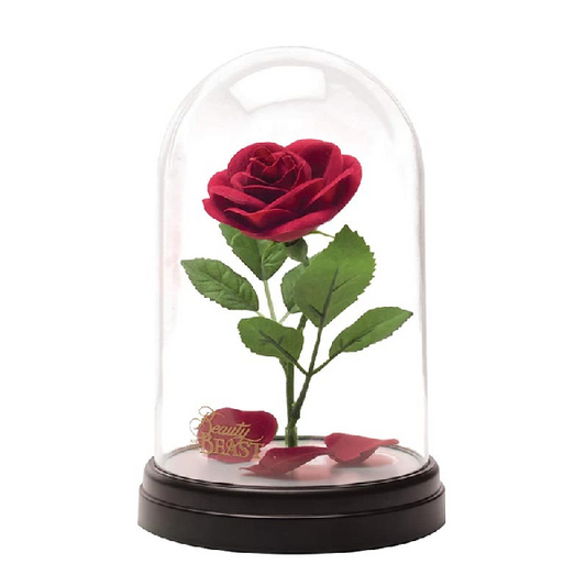 Lampada a forma di cupola trasparente con all'interno una rosa rossa sintetica, ispirata al film La Bella e la Bestia di Disney
