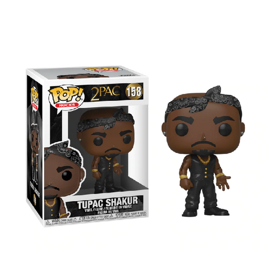 Confezione e personaggio Funko Pop numero 152 2Pac Tupac Shakur, vestito nero, bracciali e catena d'oro, bandana nera.