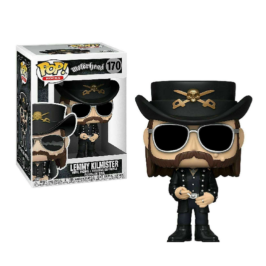 Confezione e personaggio Funko Pop numero 170 Lemmu Kilmister dei Motorhead. Vestito nero con cappello, e sigaretta in mano.