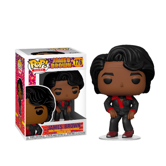 Confezione e personaggio Funko Pop numero 176 James Brown, vestito rosso e nero.
