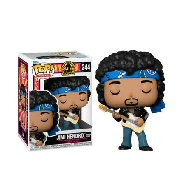 Confezione e personaggio Funko Pop numero 244 Jimi Hendrix, versione Maui Live, con giacca nera e bandana azzurra, chitarra in mano.
