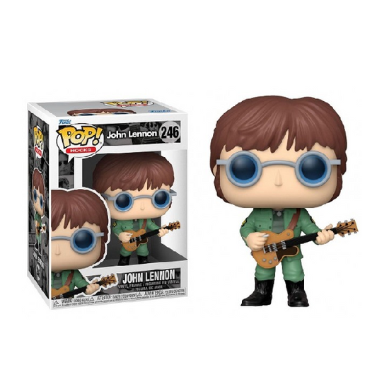 Confezione e personaggio Funko Pop numero 246 John Lennon, della serie Rocks, Vestito verde, occhiali azzurri e chitarra.