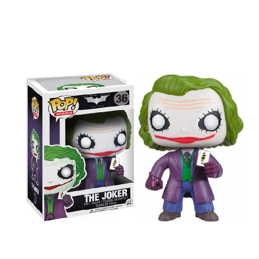 Scatola e personaggio Funko Pop The Joker, numero 36. Viso bianco, capelli verdi, vestito viola, con carta da gioco in mano.